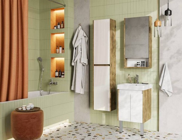 Тумба с раковиной Aquaton Сканди Doors 45 белый глянец, дуб рустикальный