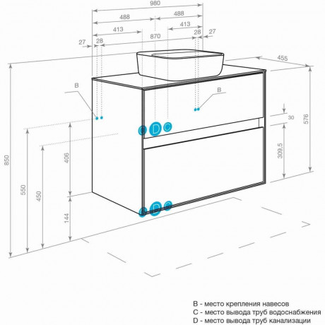 Тумба с раковиной и столешницей Aquaton Либерти 100/Mila 50, 2 ящика, белая столешница, дуб эльвезия
